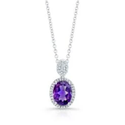 Oval Amethyst And Diamond Halo Pendant In 14k White Gold