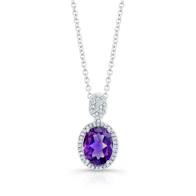 Oval Amethyst And Diamond Halo Pendant In 14k White Gold 3 Oval Amethyst And Diamond Halo Pendant In 14k White Gold