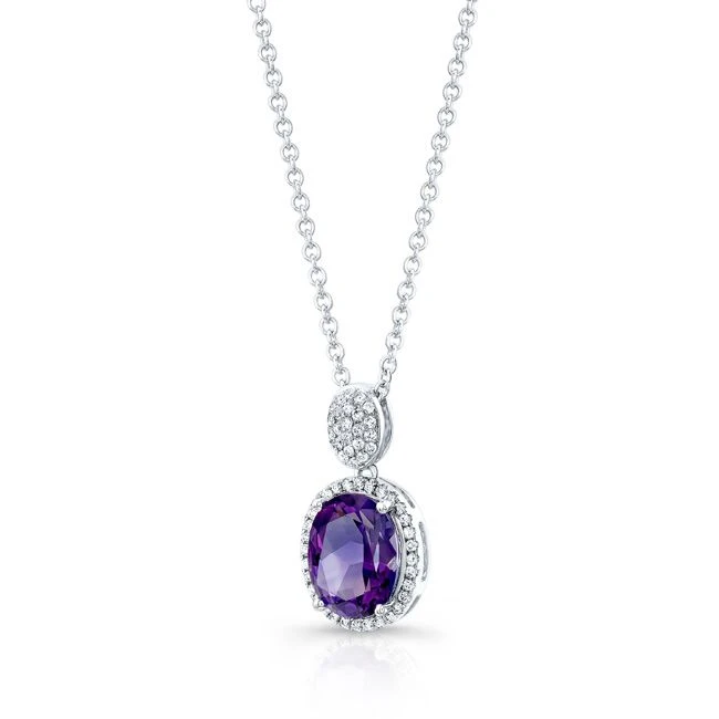 Oval Amethyst And Diamond Halo Pendant In 14k White Gold 4 Oval Amethyst And Diamond Halo Pendant In 14k White Gold - Image 2