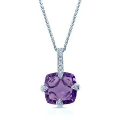 Amethyst And Diamond Pendant With Studded Prongs In 14k White Gold
