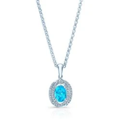 Oval Swiss Blue Topaz & Diamond Pendant In 14k White Gold