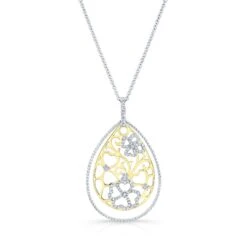 Diamond Tear Drop Scrolled Lattice Pendant In 14k Yellow And White Gold