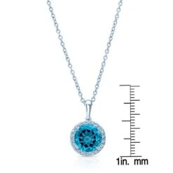 Blue Topaz And Diamond Round Halo Pendant With Solid Bail In 14k White Gold (10mm Center) -Veloura Shop 51980bt fju front ruler