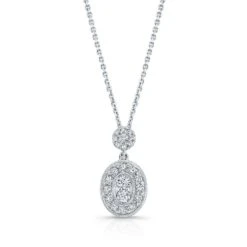 Diamond Oval Halo Dangle Pendant In 14k White Gold 0.33ctw 18 Inch Curb Chain