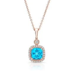 Blue Topaz Cushion And Diamond Halo Pendant In 14k Rose Gold