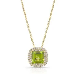 Peridot Cushion And Diamond Double Halo Pendant In 14k Yellow Gold (7mm)