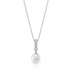 Cultured Pearl And Diamond Dangle Pendant With Prong-set Bail And Bezel Accent In 14k White Gold (8.0-8.5mm) (si)