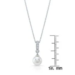 Cultured Pearl And Diamond Dangle Pendant With Prong-set Bail And Bezel Accent In 14k White Gold (8.0-8.5mm) (si) -Veloura Shop 52166 front ruler
