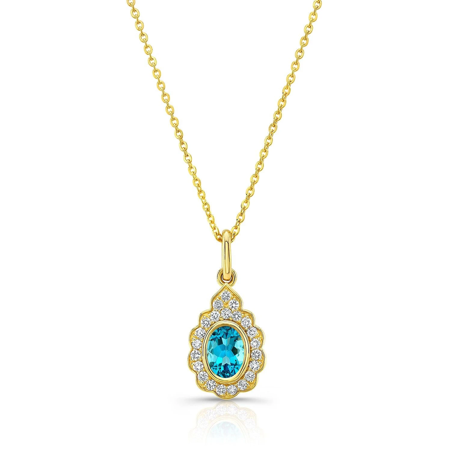 Blue Topaz And Diamond Oval Bezel Pendant With Teardrop Scallop Frame In 14k Yellow Gold (7x5mm) Adj Chain 3 Blue Topaz And Diamond Oval Bezel Pendant With Teardrop Scallop Frame In 14k Yellow Gold (7x5mm) Adj Chain