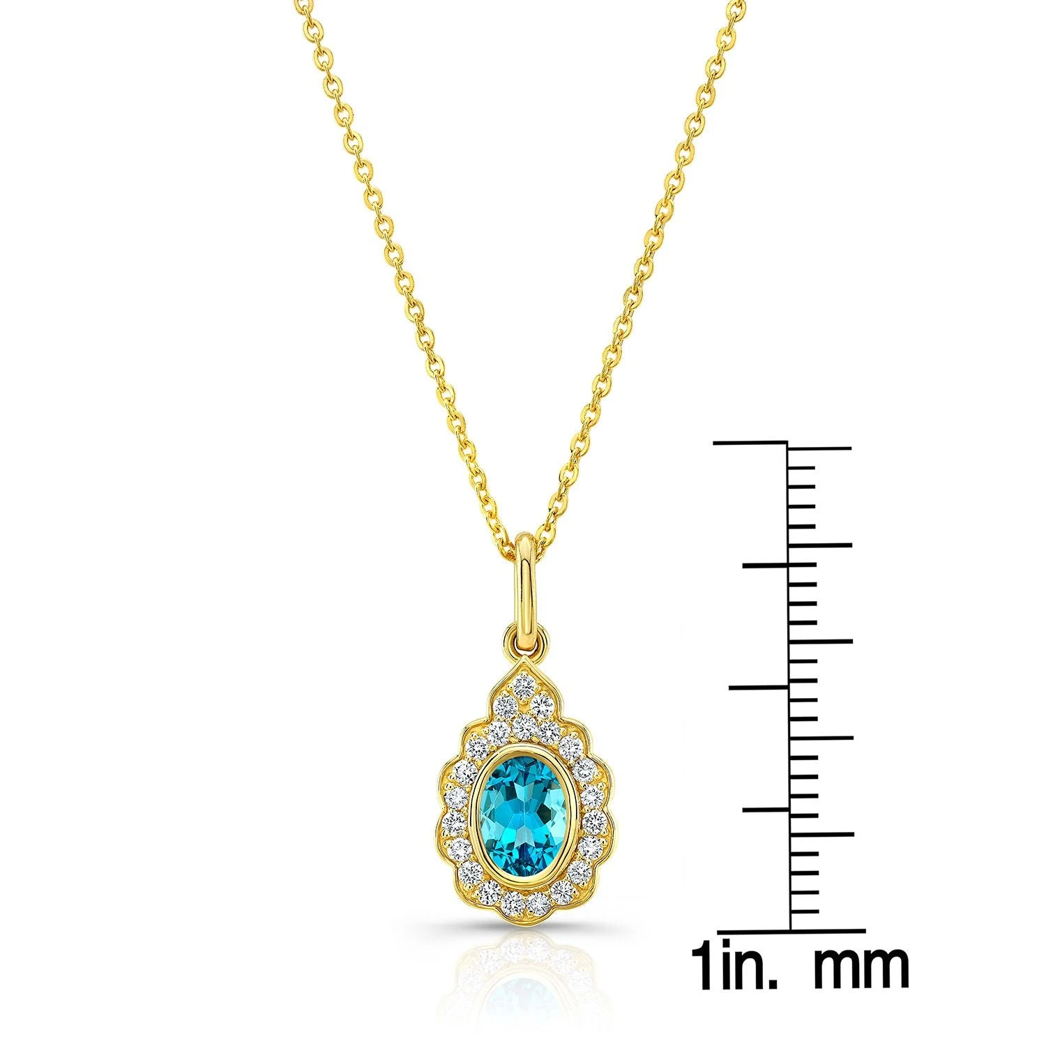 Blue Topaz And Diamond Oval Bezel Pendant With Teardrop Scallop Frame In 14k Yellow Gold (7x5mm) Adj Chain 5 Blue Topaz And Diamond Oval Bezel Pendant With Teardrop Scallop Frame In 14k Yellow Gold (7x5mm) Adj Chain - Image 3