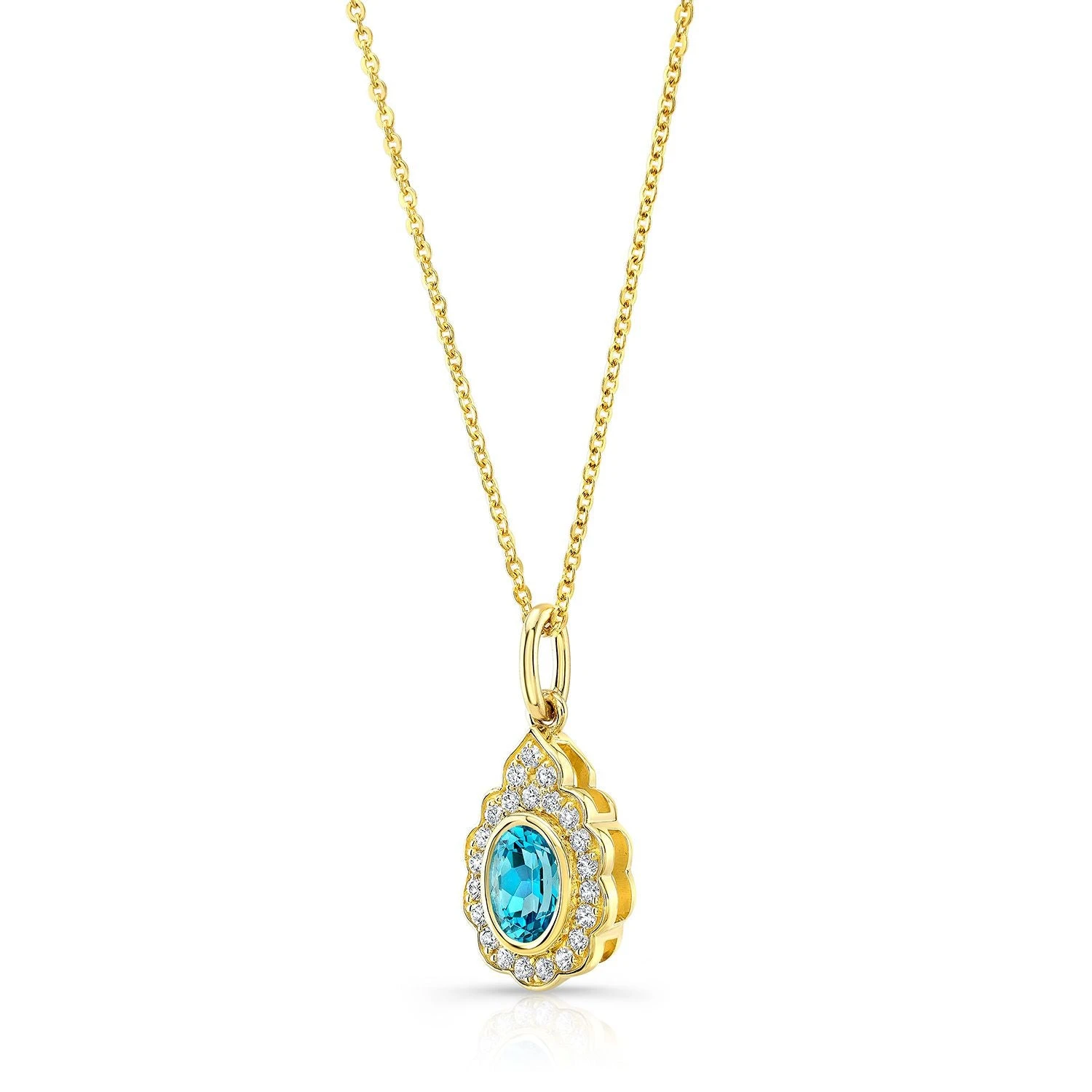 Blue Topaz And Diamond Oval Bezel Pendant With Teardrop Scallop Frame In 14k Yellow Gold (7x5mm) Adj Chain 4 Blue Topaz And Diamond Oval Bezel Pendant With Teardrop Scallop Frame In 14k Yellow Gold (7x5mm) Adj Chain - Image 2