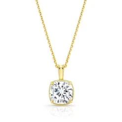 Cushion Diamond Solitaire Pendant In A 14k Yellow Gold 4-prong Leaf Scroll Setting, 3ct. T.w. (hi, Si1-si2)