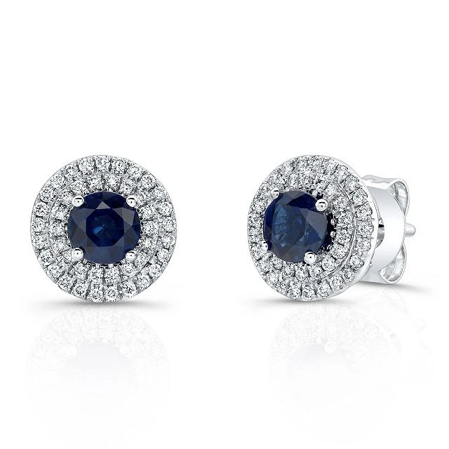 Sapphire And Diamond Double Halo Earrings In 14k White Gold (1/4 Ctw) 3 Sapphire And Diamond Double Halo Earrings In 14k White Gold (1/4 Ctw)