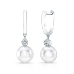 Pearl And Diamond Pave Disk Dangle Earring In 14k White Gold (8.0-8.5mm)