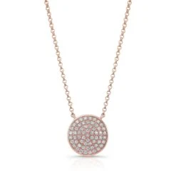 Diamond Pave Round Disk Necklace In 14k Rose Gold, 18 Inch