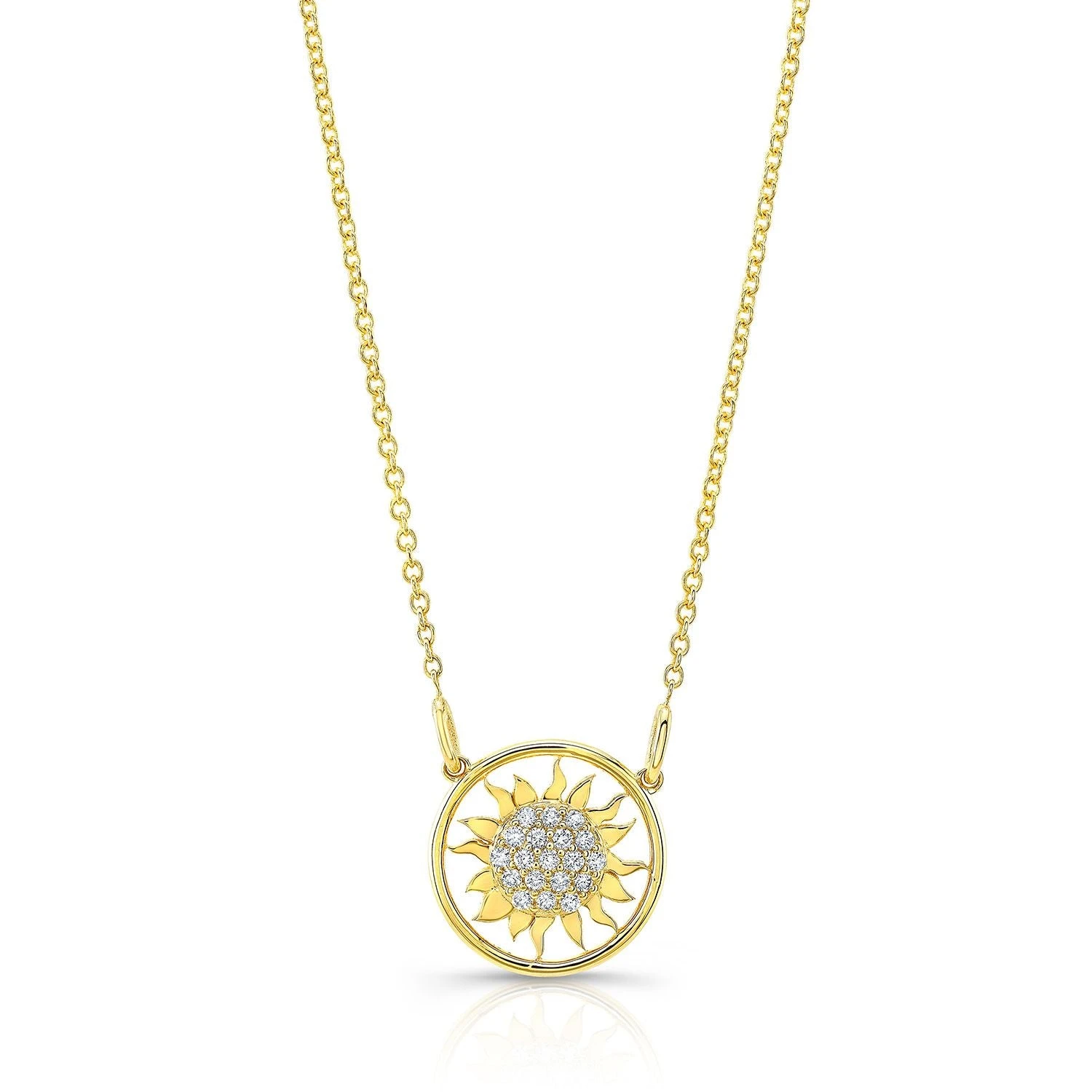 Diamond Sun Necklace With Round Frame In 14k Yellow Gold, 18-inch Chain 3 Diamond Sun Necklace With Round Frame In 14k Yellow Gold, 18-inch Chain