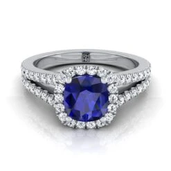 Platinum Cushion Sapphire Halo Center With French Pave Split Shank Engagement Ring -3/8ctw