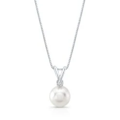 Freshwater White Pearl And Diamond Pendant With Rabbit Ear Bail In 14k White Gold (8.5-9.0mm)