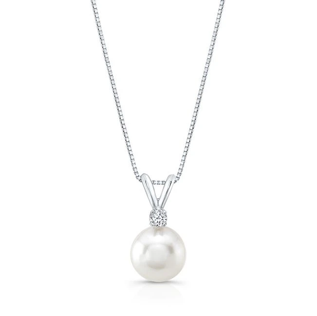 Freshwater White Pearl And Diamond Pendant With Rabbit Ear Bail In 14k White Gold (8.5-9.0mm) 3 Freshwater White Pearl And Diamond Pendant With Rabbit Ear Bail In 14k White Gold (8.5-9.0mm)