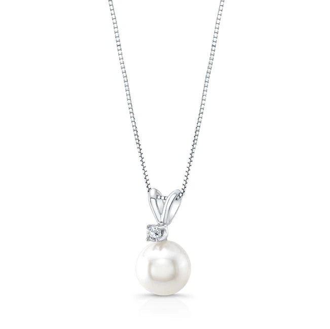 Freshwater White Pearl And Diamond Pendant With Rabbit Ear Bail In 14k White Gold (8.5-9.0mm) 4 Freshwater White Pearl And Diamond Pendant With Rabbit Ear Bail In 14k White Gold (8.5-9.0mm) - Image 2