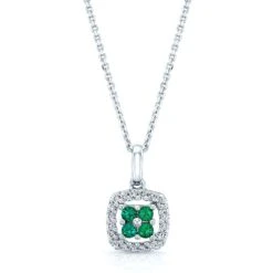 Created Emerald And Diamond Clover Pendant In 14k White Gold ( 18-in Curb Chain)