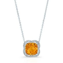 Citrine And Diamond Scalloped Framed Necklace In 14k White Gold (18-inch Rolo Chain)