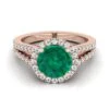 14K Rose Gold Round Brilliant Emerald Halo Center With French Pave Split Shank Engagement Ring -3/8ctw -Veloura Shop r80023em rd70mmrh