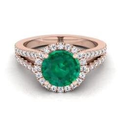 14K Rose Gold Round Brilliant Emerald Halo Center With French Pave Split Shank Engagement Ring -3/8ctw