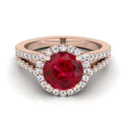 14K Rose Gold Round Brilliant Ruby Halo Center With French Pave Split Shank Engagement Ring -3/8ctw
