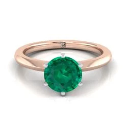 14K Rose Gold Round Brilliant Emerald Pinched Comfort Fit Claw Prong Solitaire Engagement Ring