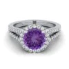 14K White Gold Round Brilliant Amethyst Halo Center With French Pave Split Shank Engagement Ring -3/8ctw -Veloura Shop w80023am rd70mmrh