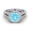14K White Gold Round Brilliant Aquamarine Halo Center With French Pave Split Shank Engagement Ring -3/8ctw -Veloura Shop w80023aq rd70mmrh 2