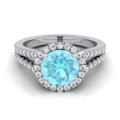 14K White Gold Round Brilliant Aquamarine Halo Center With French Pave Split Shank Engagement Ring -3/8ctw