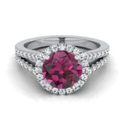 18K White Gold Round Brilliant Garnet Halo Center With French Pave Split Shank Engagement Ring -3/8ctw