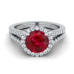 14K White Gold Round Brilliant Ruby Halo Center With French Pave Split Shank Engagement Ring -3/8ctw