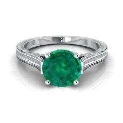Platinum Round Brilliant Emerald Hand Engraved Vintage Cathedral Style Solitaire Engagement Ring