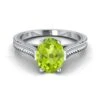 18K White Gold Oval Peridot Hand Engraved Vintage Cathedral Style Solitaire Engagement Ring