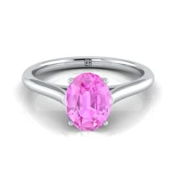 18K White Gold Oval Pink Sapphire Cathedral Style Comfort Fit Solitaire Engagement Ring