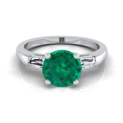 Platinum Round Brilliant Emerald Three Stone Tapered Baguette Engagement Ring -1/5ctw