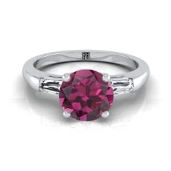 Platinum Round Brilliant Garnet Three Stone Tapered Baguette Engagement Ring -1/5ctw