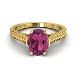 14K Yellow Gold Oval Garnet Hand Engraved Vintage Cathedral Style Solitaire Engagement Ring