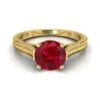 14K Yellow Gold Round Brilliant Ruby Hand Engraved Vintage Cathedral Style Solitaire Engagement Ring -Veloura Shop y80058ru rd70mmrh 1