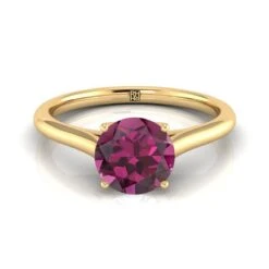 18K Yellow Gold Round Brilliant Garnet Cathedral Style Comfort Fit Solitaire Engagement Ring