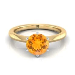 14K Yellow Gold Round Brilliant Citrine Pinched Comfort Fit Claw Prong Solitaire Engagement Ring