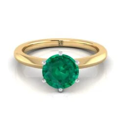 14K Yellow Gold Round Brilliant Emerald Pinched Comfort Fit Claw Prong Solitaire Engagement Ring